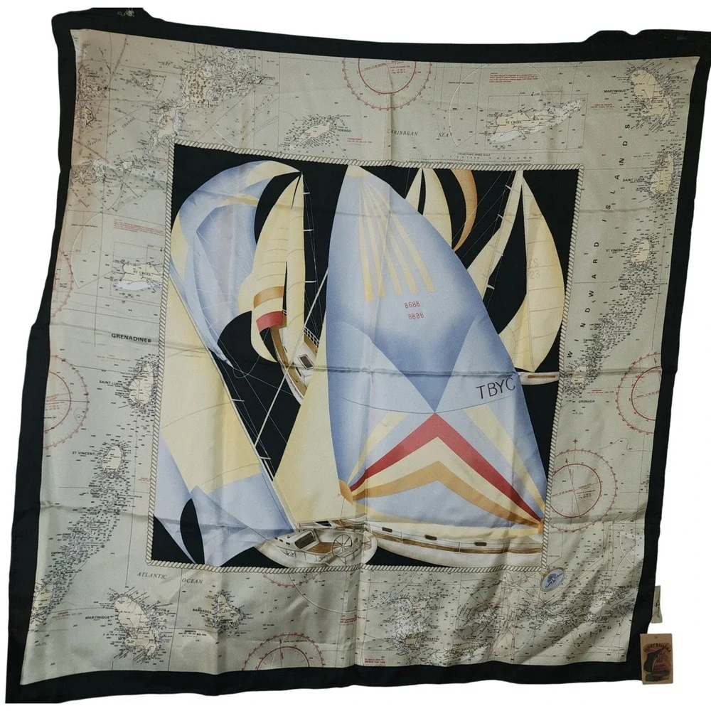 Tommy Bahama 100% Silk Scarf Nautical Sailboat Caribbean Map Black Size 34x34
